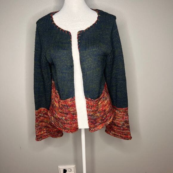 Y2K Kimchi Blue Knit Cardigan Size M Wide Bell Sleeve Pockets Early 2000s Boho - Picture 3 of 9